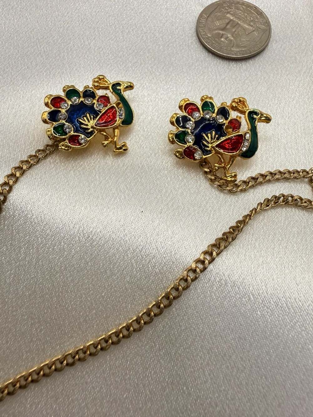 Vintage Gold Tone Peacock Double Brooch Chain